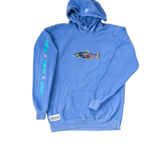 Blue hoodie with a graphic design on a Bright
